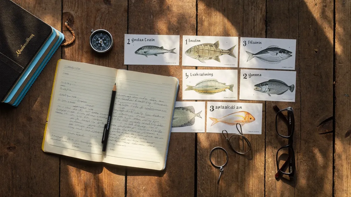 Flatlay mit Notizbuch, Karten und Angelzubehör zur Prüfungsvorbereitung